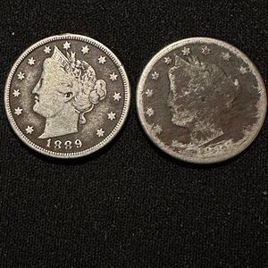 1888 and 1889 V Nickels one worn other in good condition